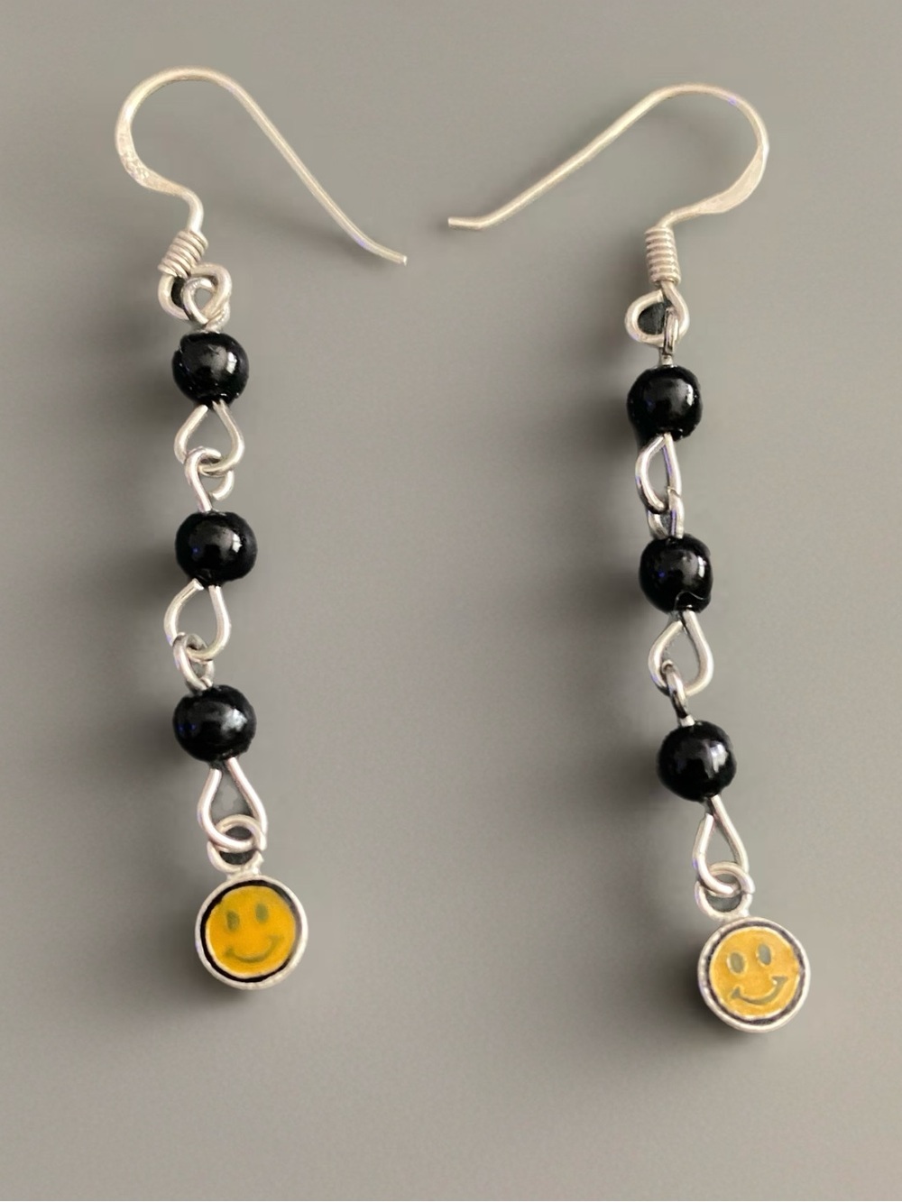 Handmade Black Bead Dangle Sterling Silver Earrings with Yellow Smiley Charm